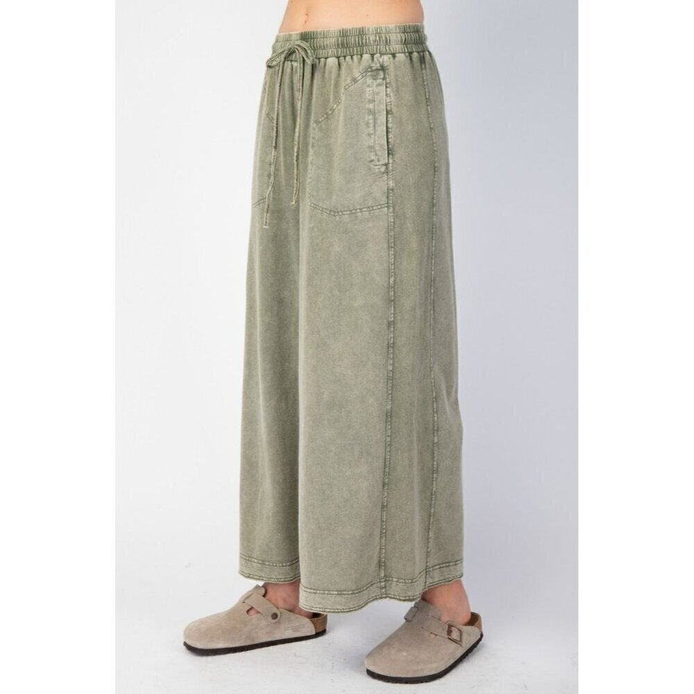 Cozy On The Go Mineral Washed Terry Knit Pants in Faded Olive - Picture 3 of 5